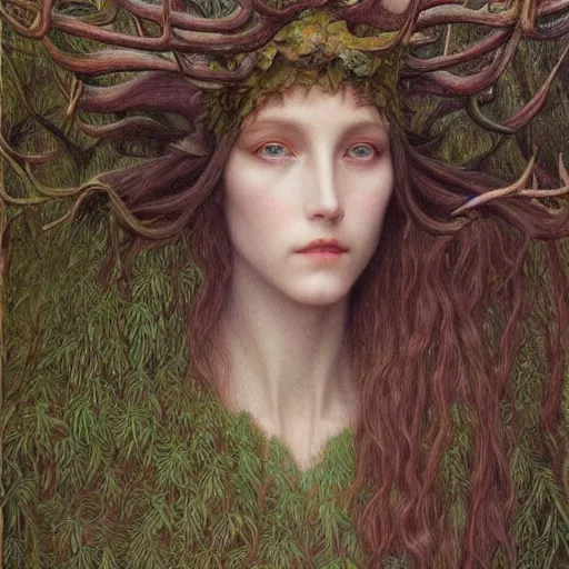 Prompt: a mysterious forest goddess with green eyes and antlers, moodym creepy, portrait, muted colors, highly detailed, intricate artwork, beautiful oil painting by Jean Delville