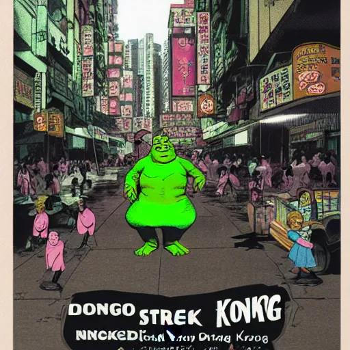 Prompt: glossy old advertising poster, shrek walking through crowded hong kong street, vendors, zombies, horror, drawn comic by junji ito, pastels, gradient