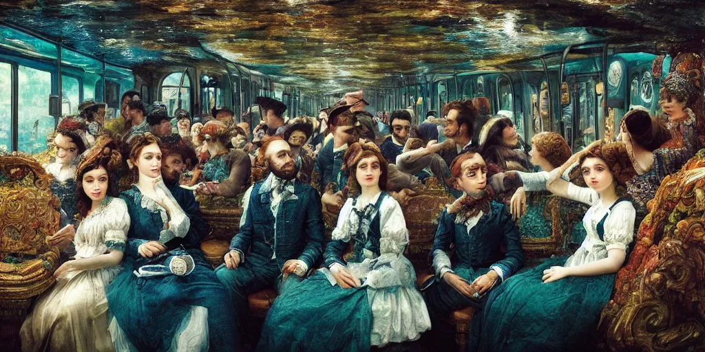 Prompt: detailed colour masterpiece of photography group portrait of people sat down extreme closeup, in the inside of the beautiful underwater crowded train to atlantis, detailed realistic expressions, wearing unusual clothes, by william powell frith