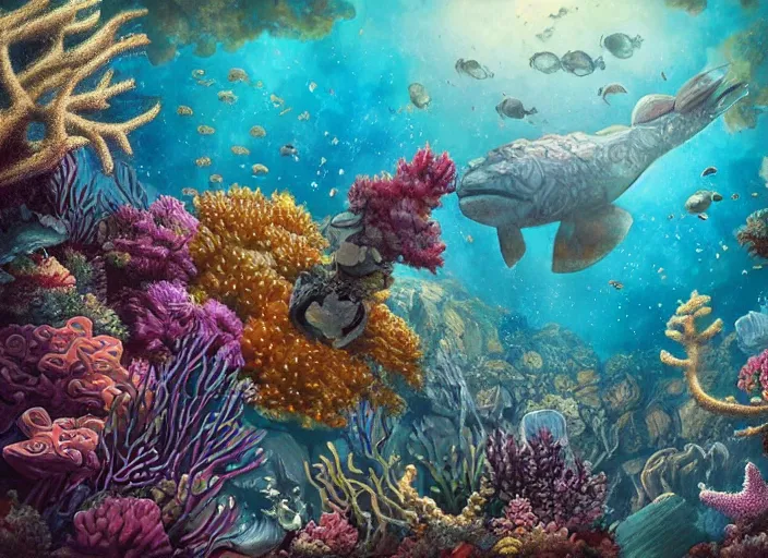 Prompt: epic cinematic artwork of a steam train underwater, coral reef, beautiful artwork by rutowski and brom,