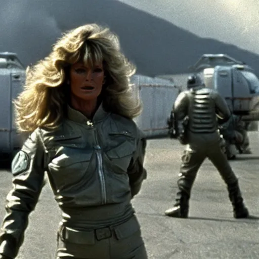 Image similar to movie still, 1 9 8 0 s, sci - fi farrah fawcett in combat suit, hyperdetailed, by ridley scott, john carpenter and vittorio storaro, blue lights