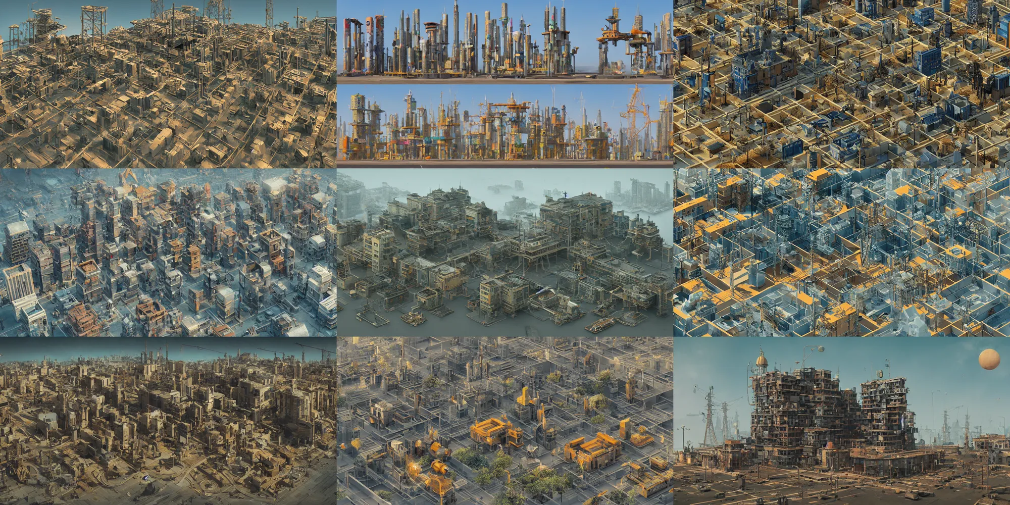 Prompt: collection of kitbash 3 d building, packs, insanely detailed, props, big medium small, golden ratio, complex geometry, stylized, hard surface, simon stalenhag