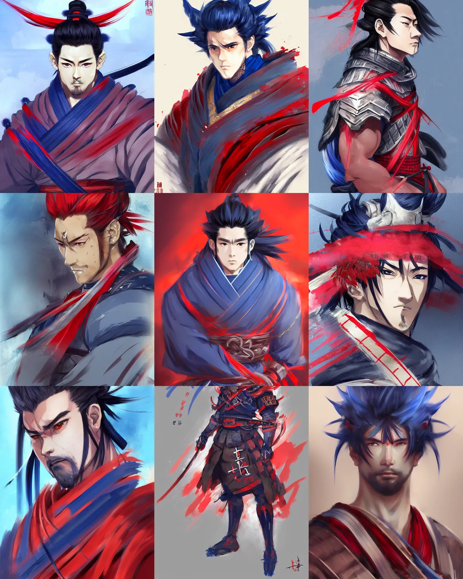 Prompt: full length portrait of a handsome and muscular japanese ronin, masculine facial features, short messy hair, wearing a haori, by arco wada and wlop, fate grand order, anime style, extremely detailed shading, blue and red color palette, concept art, digital painting, trending on artstation, cinematic, vibrant colors