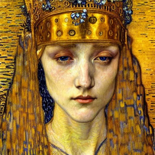 Image similar to detailed realistic beautiful young medieval queen face portrait by jean delville, gustav klimt and vincent van gogh, art nouveau, symbolist, visionary, gothic, pre - raphaelite