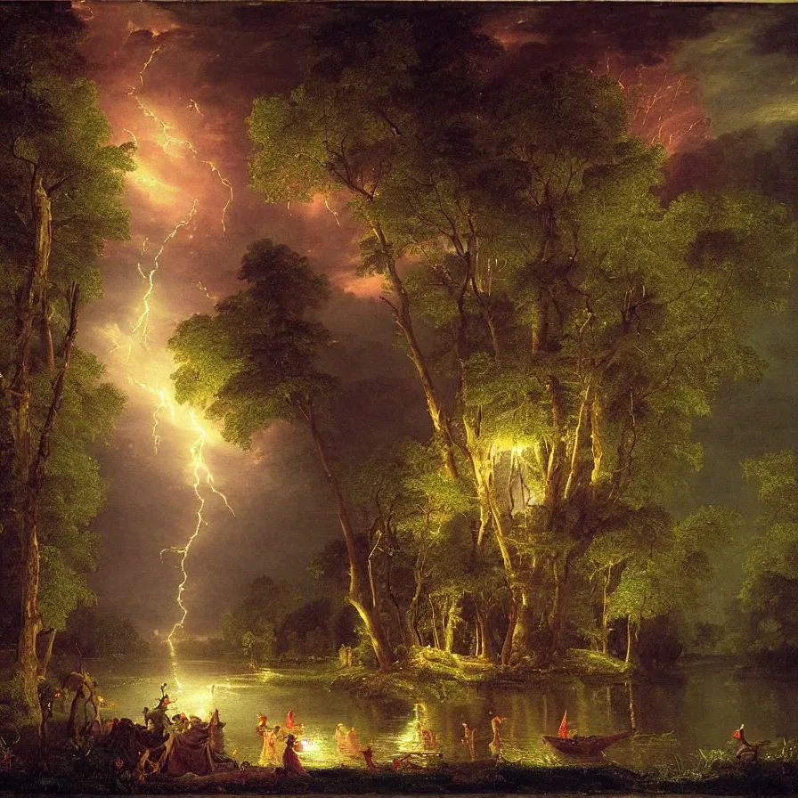 Prompt: a night carnival around a magical in a summer storm, tree cavity with a music scenario with many fireworks and christmas lights, next to a lake with iridiscent lake water, volumetric lightning, folklore people disguised with fantastic creatures in a magical forest by summer night, masterpiece painted by thomas cole, scene by dark night environment, refraction lights, five star stories