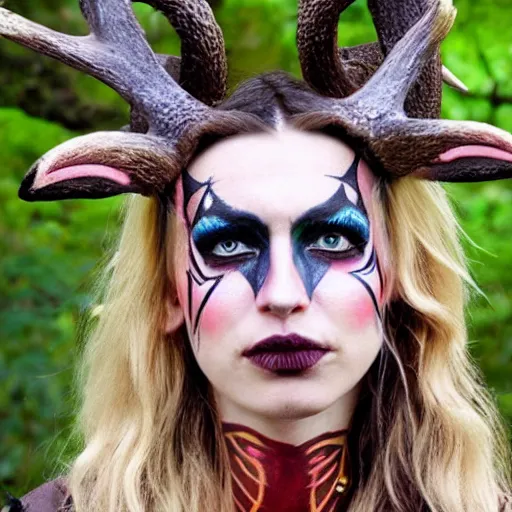 Image similar to tiefling druid with deer antlers growing out of their head blonde hair and large tribal jewelry and face paint