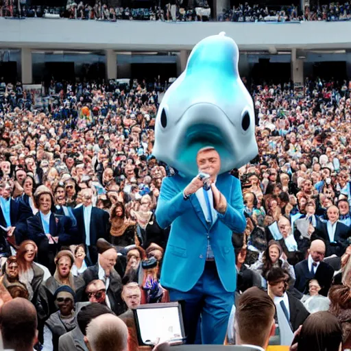 Prompt: man in a suit with a dolphin head giving his assertion speech to a giant crowd of people