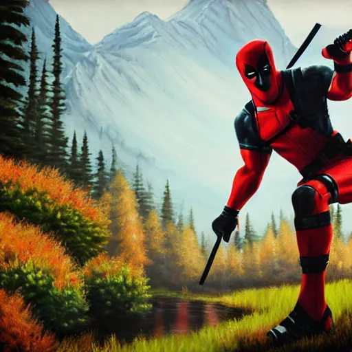 Image similar to a closeup photorealistic photograph of bob ross working on a canvas painting of deadpool. film still. brightly lit scene. mountains and trees. this 4 k hd image is trending on artstation, featured on behance, well - rendered, extra crisp, features intricate detail, epic composition and the style of unreal engine.