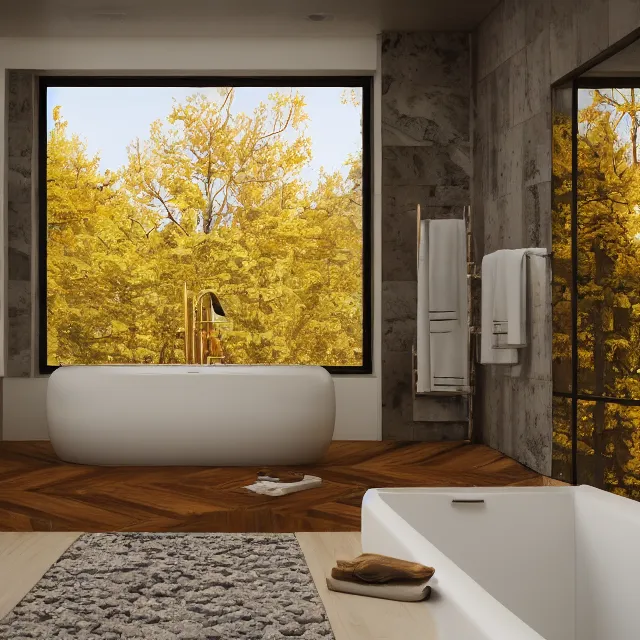 Prompt: post and beam bathroom interior, bathtub with golden faucet, wood cabinets, marble floor, large window in back with fall foliage river view, large potted plant, realistic, unreal engine render, octane render, hyper realistic, photo, 8 k