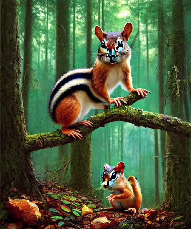 Prompt: a single realistic chipmunk, sitting in a psychedelic forest, wide angle landscape shot, pixar style by tristan eaton, artgerm and tom bagshaw