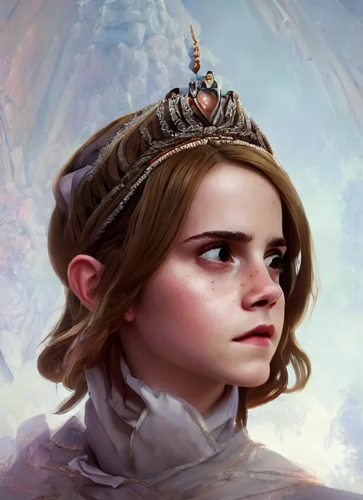 Image similar to emma watson as princess sofia, naturel, hyper detailed, digital art, trending in artstation, cinematic lighting, studio quality, smooth render, unreal engine 5 rendered, octane rendered, art style by klimt and nixeu and ian sprigger and wlop and krenz cushart
