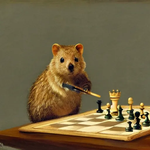 Prompt: a quokka playing chess, in the style of anders zorn