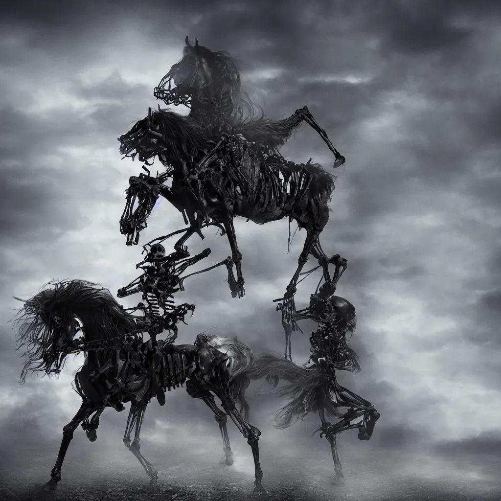 Image similar to a skeleton in a dark veil on a horse, dark and mysterious, stopped in time, atmospheric, ominous, eerie, cinematic, epic, 8 k, 4 k, ultra detail, ultra realistic