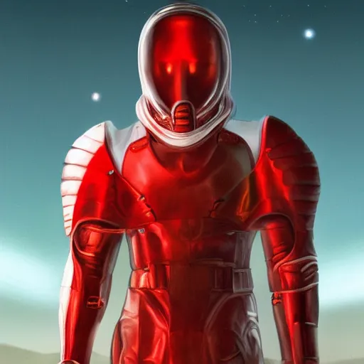 Image similar to portrait of a tall athletic muscular infantry man in glossy sleek white armor with tiny red details and a long red cape, heroic posture, on the surface of mars, night time, dramatic lighting, cinematic, sci-fi, hyperrealistic, godrays, diffused lighting, movie still