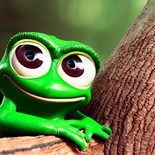 Prompt: baby pepe the frog, large eyes, sitting on a log, pixar, disney, dynamic lighting, bokeh