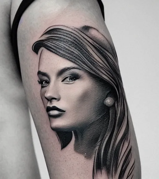 Image similar to tattoo design sketch of a beautiful girl with a faded mountain background, in the style of den yakovlev, black and white, realism tattoo, hyper realistic, highly detailed