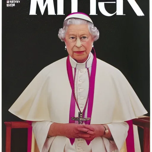 Prompt: magazine cover photo of Elizabeth II as the new pope, portrait photo by Slim Aarons in 1965 TIMES magazine cover photo, color