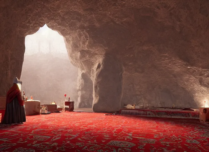 Image similar to a mosque inside a cave, red prayer rug, holy by caspar david friedrich by james gilleard and justin gerard, artstation, smooth, sharp focus, by jean baptiste, octane render