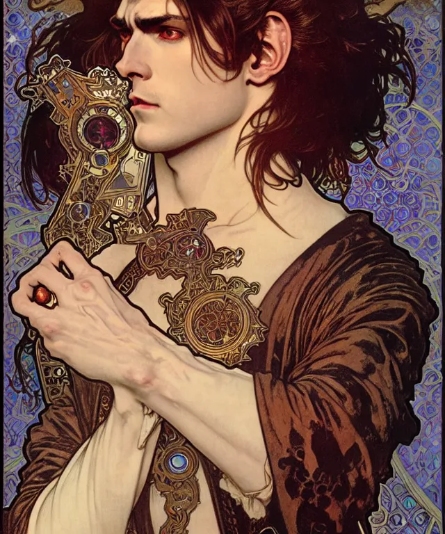 Prompt: realistic detailed face portrait of a handsome vampire prince in ornate leather armor by alphonse mucha, ayami kojima, amano, greg hildebrandt, and mark brooks, male, masculine, art nouveau, neo - gothic, gothic