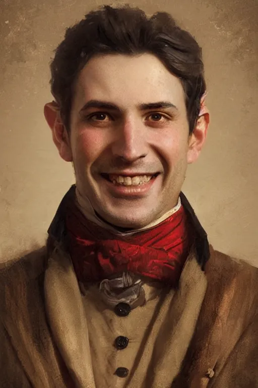 Image similar to official Portrait of a smiling georgian aristocrat, male, cheerful, happy, detailed face, 19th century, highly detailed, cinematic lighting, digital art painting by greg rutkowski