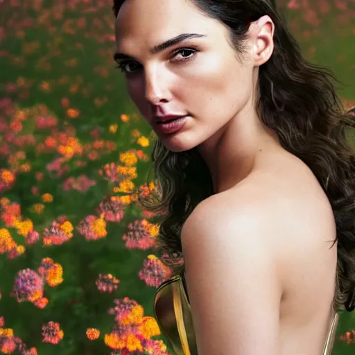 Prompt: fine art photo of the beauty gal gadot, she is posing while maintain a sweet eye contact to the camera, she has a crown of flowers, the photo was taken at sunset with a bokeh effect, by iris van herpen, photorealistic, matte painting, hyper realistic, 4 k, 8 k, cinematic composition, hd, highly detailed, trending on artstation