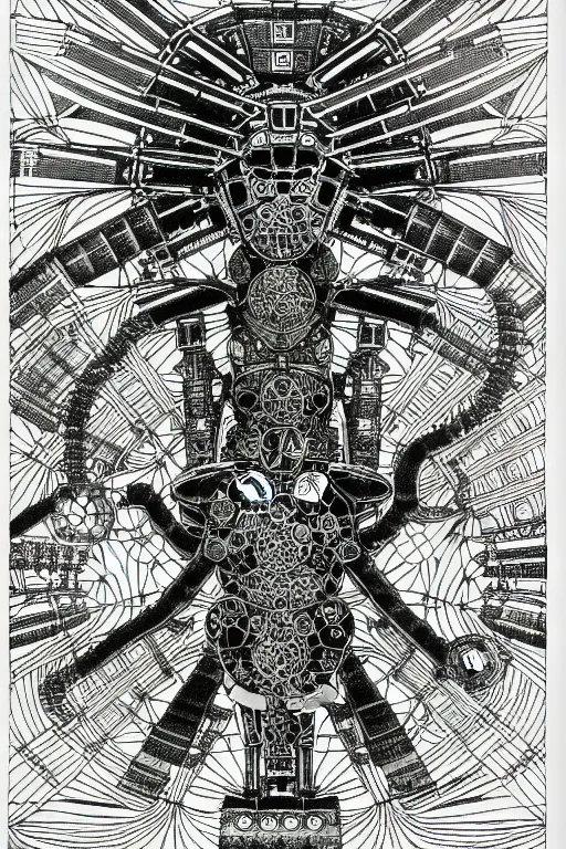 Image similar to a black and white drawing of futuristic ancient japanese temple mech, bioluminescence, a detailed mixed media collage by eduardo paolozzi and ernst haeckel, intricate linework, sketchbook psychedelic doodle comic drawing, geometric, deconstructivism, matte drawing, academic art, constructivism