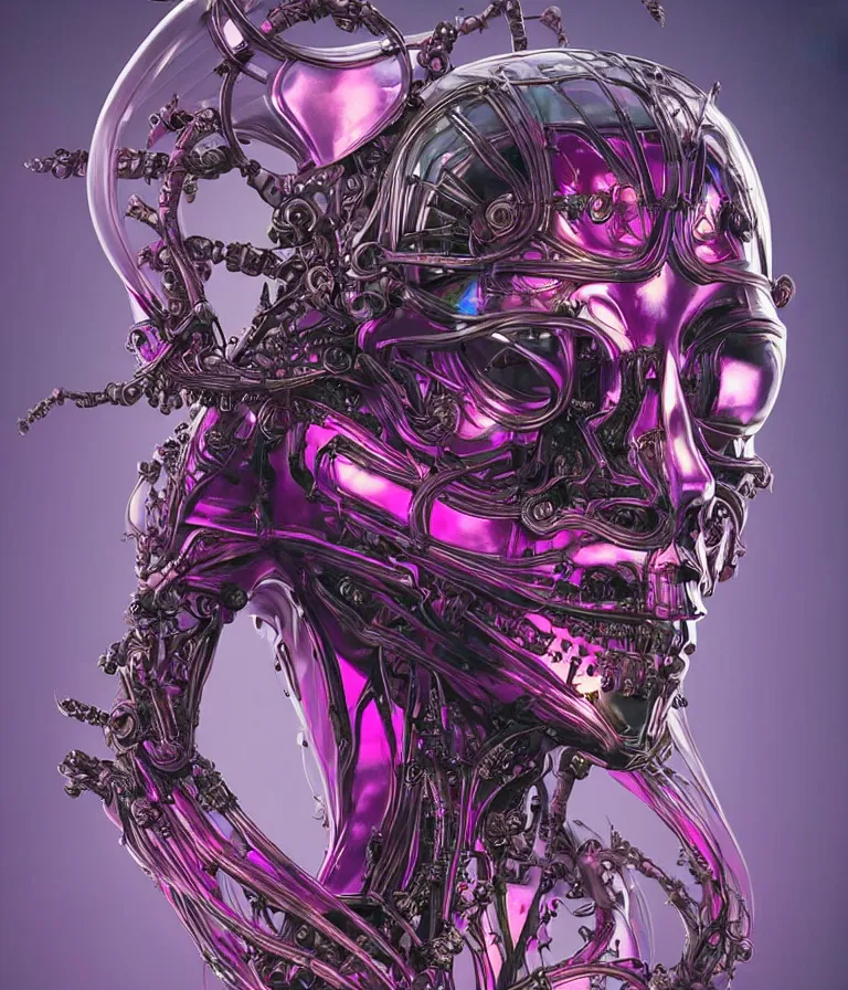 Image similar to fully symmetrical centered iridescent portrait of a beautiful princess demon in robe. skulls artificial muscles, ribcage, bones, hard surface modelling. cyberpunk look. biomechanical mask. bio luminescent biomechanical halo around head. neon jellyfish. artwork by jarold Sng by artgerm, by Eddie Mendoza, by Peter mohrbacher by tooth wu, unreal engine, octane render, cinematic light, high details, iridescent colors, dichroic, macro, depth of field, blur