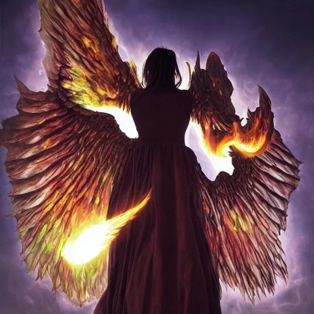 Image similar to a demon with huge nacreous fire wings, standing in shadows of the cosmic glowing sun behind, realistic horrors, cosmic dark vibes evil incarnate, photo pic by hyperrealism