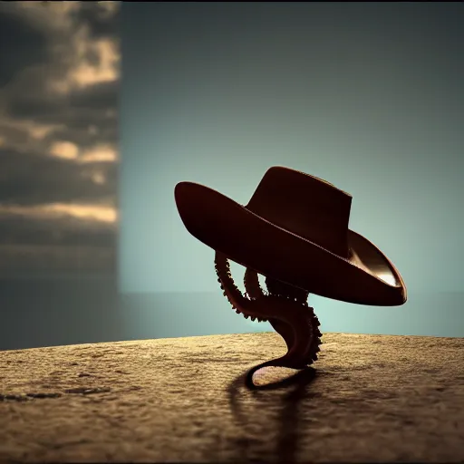 Image similar to hyperrealistic dslr film still of amorphous cephalopod wearing a cowboy hat, stunning 8 k octane comprehensive 3 d render, inspired by istvan sandorfi & greg rutkowski & unreal engine, perfect symmetry, dim volumetric cinematic lighting, extremely hyper - detailed, extremely lifelike attributes & lifelike texture, intricate, masterpiece, artstation, stunning