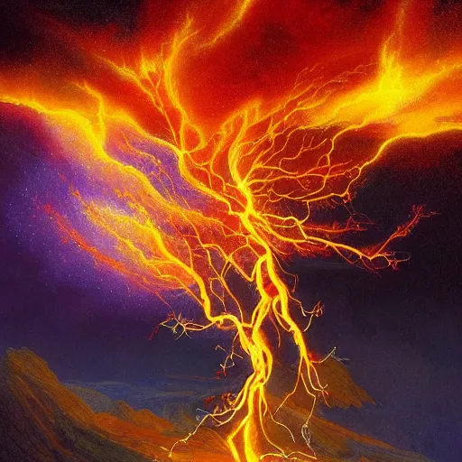 Prompt: A photo of the burning bush, fire from sky, blue lightnings, dramatic purple thunders, golden meteors, dramatic shadows, powerful photo, magic, dramatic lighting, intricate, wild, highly detailed, digital painting, artstation, concept art, smooth, sharp focus, illustration, art by artgerm and greg rutkowski and alphonse mucha, footage