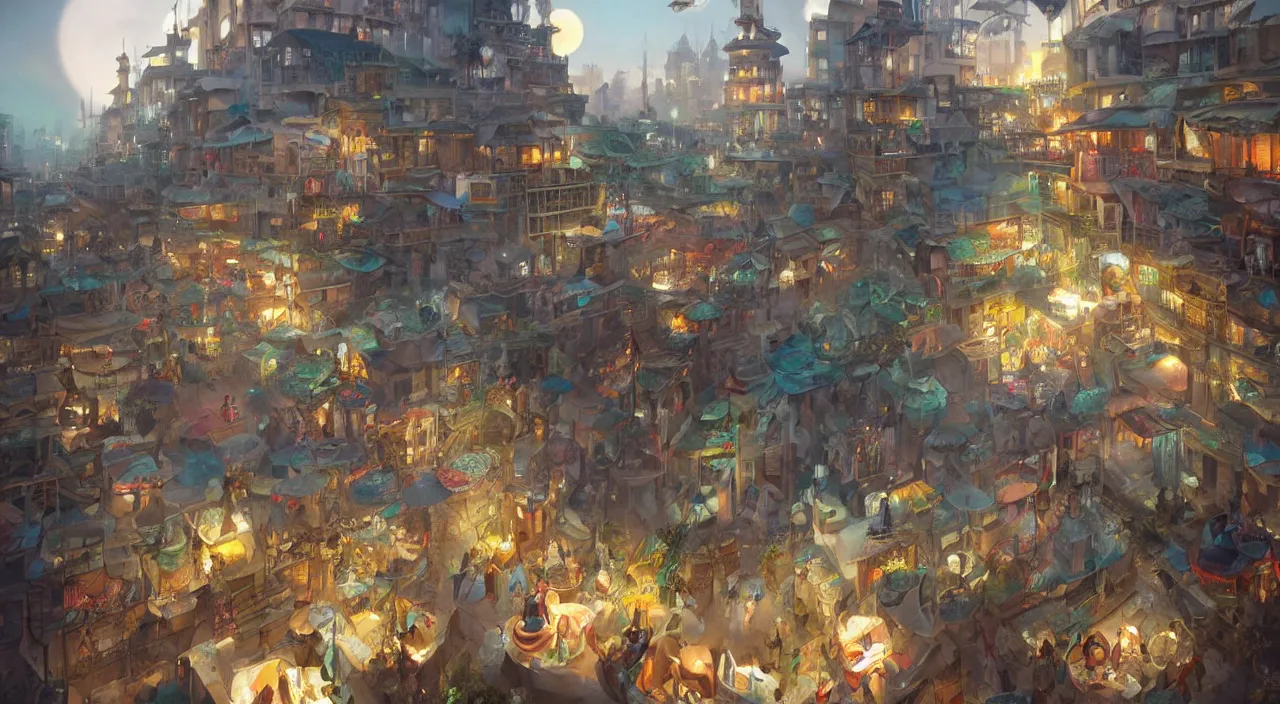 Image similar to bazaar zouk oriantal place mosquet multicolorful sky shine matte painting, street art, trending on artstation, by huang guangjian and gil elvgren and sachin teng