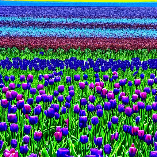 Image similar to A 4k photo of a field of tulips, blue skies, high contrast, early morning