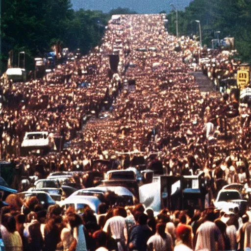 Prompt: crowds and cars heading to woodstock, 1 9 6 9, 8 k