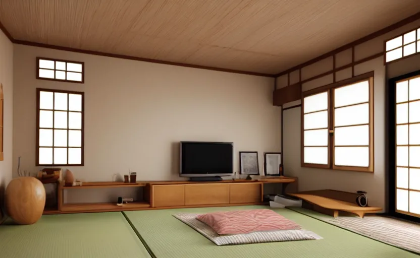 Image similar to japanese style living room, bright, light wood, clean, cozy, 3 d render