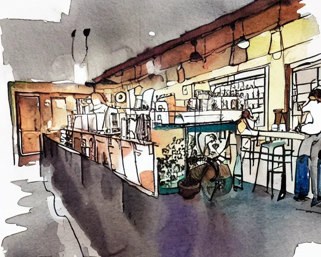 Prompt: a coffee shop smooth light color watercolor ink pen