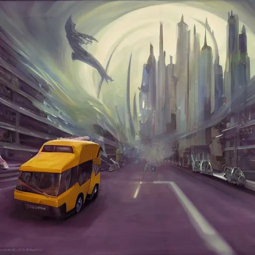 Prompt: Transformer hybrid of bus and wolf, having cabin if form of wolf head with big yellow eyes looking at us and long body of bus with wheels and windows, mechanical form of life, oil on canvas, fantasy, magic, illusion, digital painting, concept art, smooth, sharp focus, illustration, artstation trending, octane render, unreal engine, Ghibli, anime style, cyberpunk