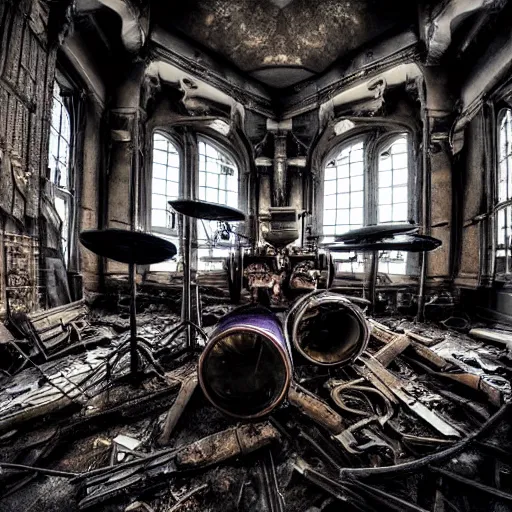 Prompt: “Disassembled Steampunk guitar, massive broken steampunk keyboard and dismantled steampunk drums in abandoned victorian library. Cinematic lighting. Fisheye lens. Minimalistic composition, detailed rendering. Old torn photograph. ”