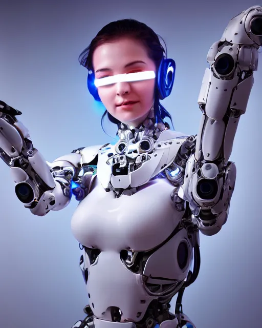 Image similar to blissful young woman with solarpunk mecha humanoid robotic parts with bright led lights, human face, pudica pose gesture, by michelangelo, in white room, ultra - realistic and intricate, medium shot, hdr 8 k