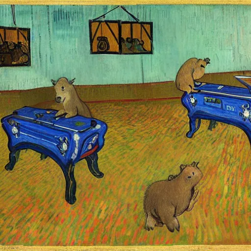 Prompt: two capybaras playing videogames by van gogh