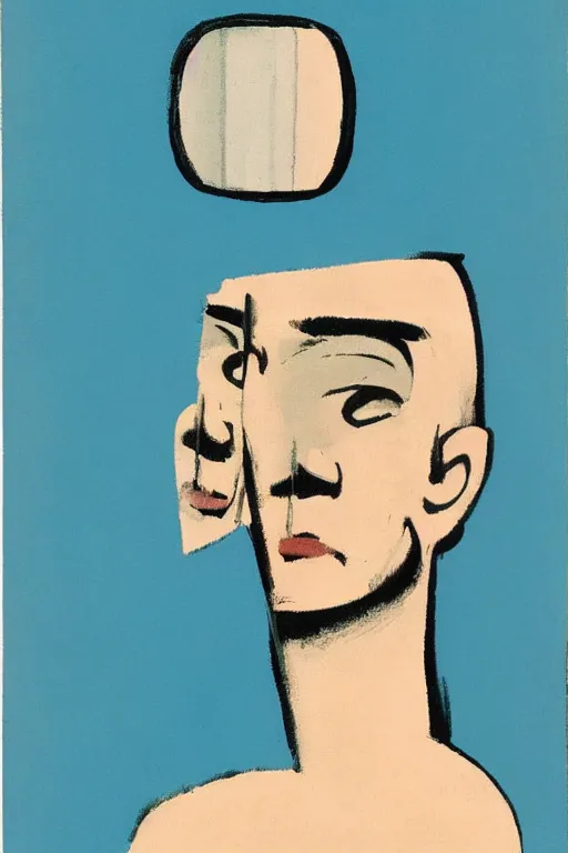 Image similar to man looking into a mirror, 1960’s minimalist advertising illustration, painterly, expressive brush strokes