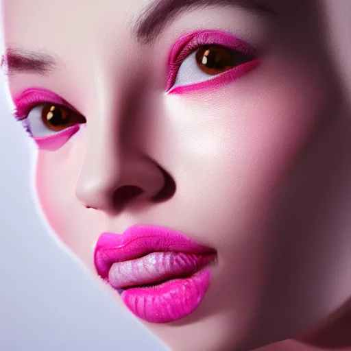 Prompt: pink lipstick with a face on it, realistic, detailed, pretty, octane render, studio lighting
