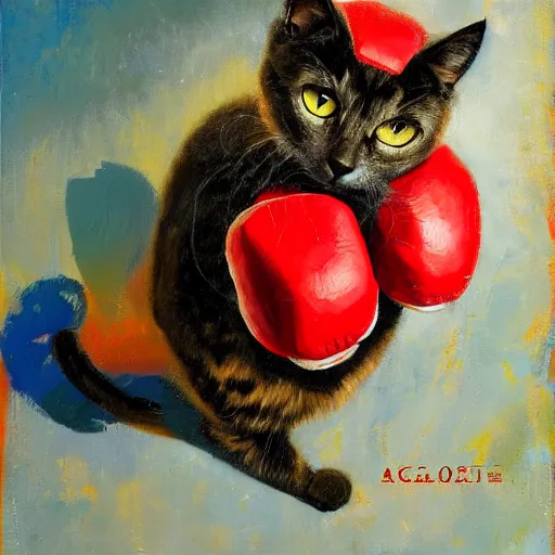 Image similar to palette knife oil painting of a cat wearing a boxing gloves