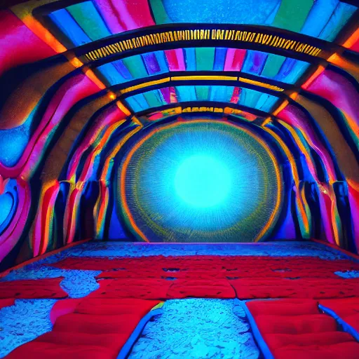 Prompt: underground cinema, realistic architecture, colorfull lights, octane render, 4k, 8k, fractals, psychedelic