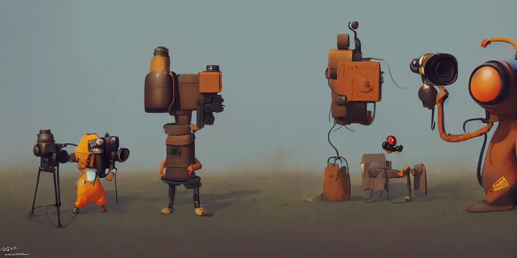 Image similar to Cartoon character photographer taking pictures with old camera by Goro Fujita and Simon Stalenhag, 8k, trending on artstation, hyper detailed, cinematic