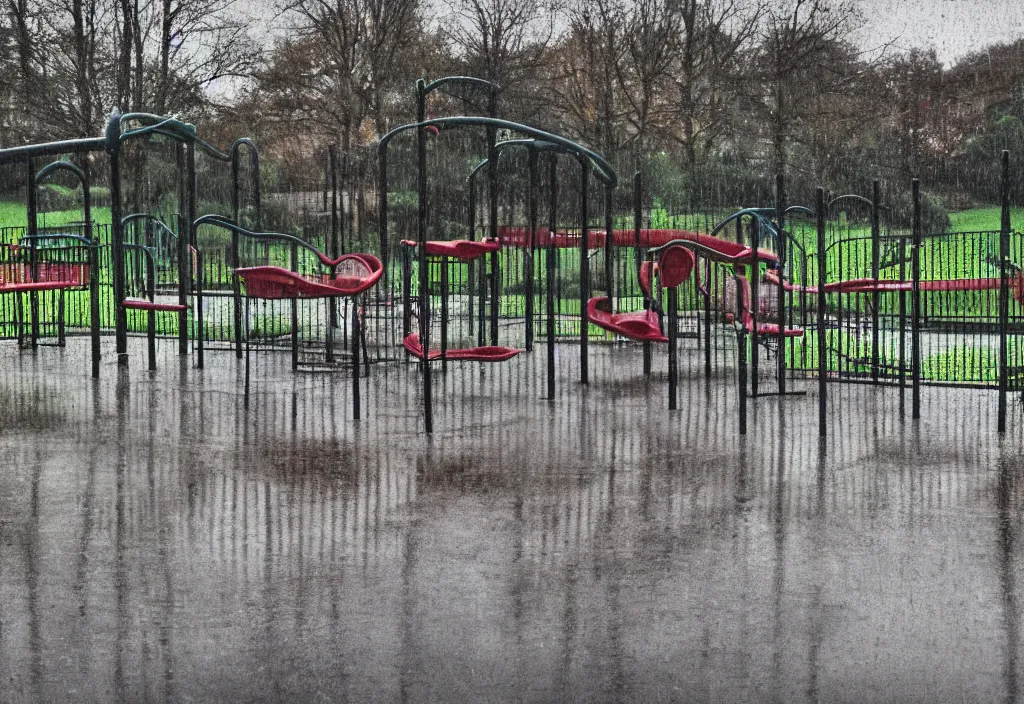 Prompt: a photograph of a playground on a rainy day from the swingset, wet, reflections, gloomy, mist, HDR, hyper realism