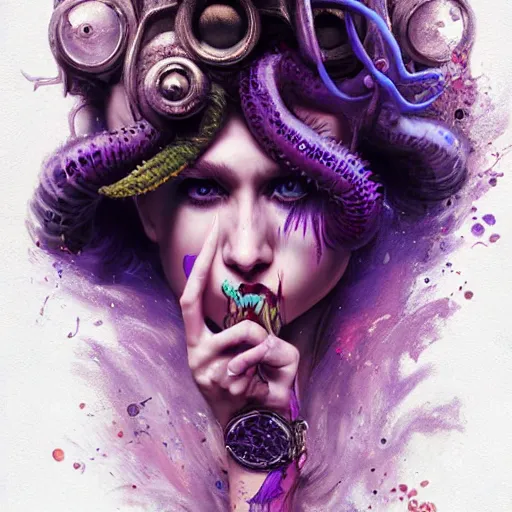 Image similar to art portrait of a furious girl with purple tentacles on her head, 8 k, by tristan eaton, stanley artgermm, tom bagshaw, greg rutkowski, carne griffiths, trending on deviantart, face enhance, hyper detailed, full of colour