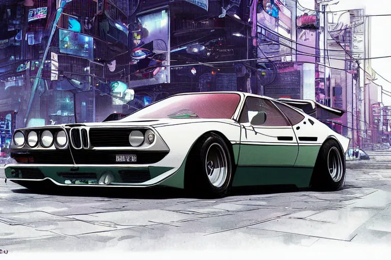 Image similar to 1975 BMW M1 Stratos, city in anime cyberpunk style by Hayao Miyazaki