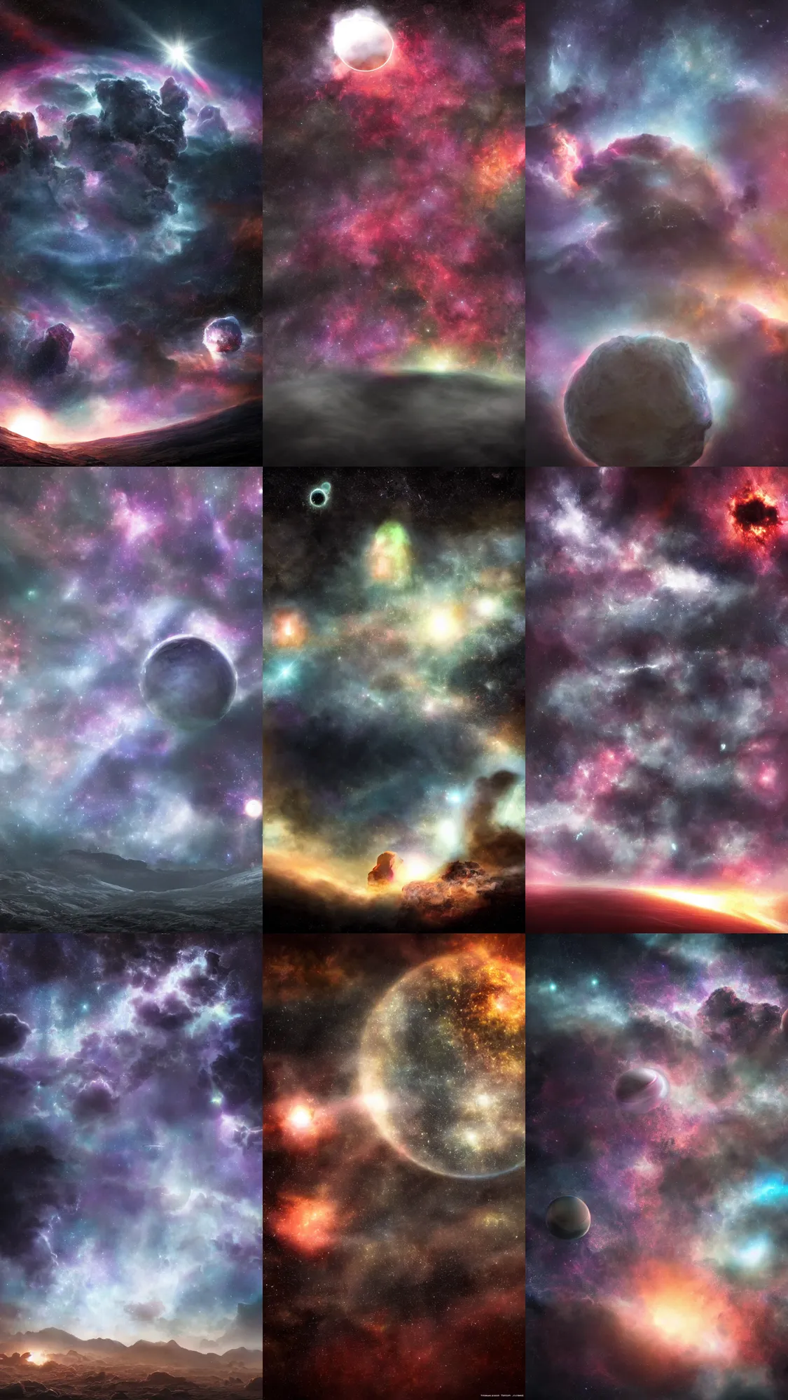 Prompt: alien planet, interstellar nebulae sky, hyperrealism, ambient lighting, atmospheric