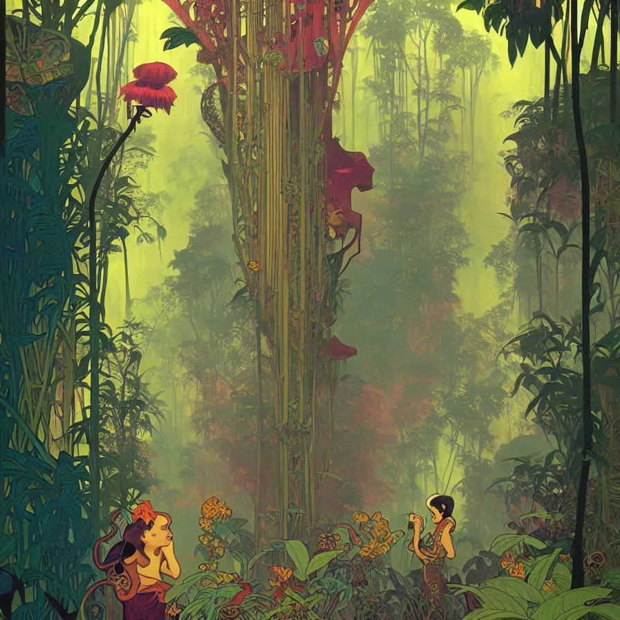 Prompt: surreal glimpse, malaysia jungle, summer morning, very coherent and colorful high contrast pastel art by gediminas pranckevicius alphonse mucha james gilleard james gurney floralpunk screen printing woodblock, dark shadows, hard lighting, stippling dots, art nouveau