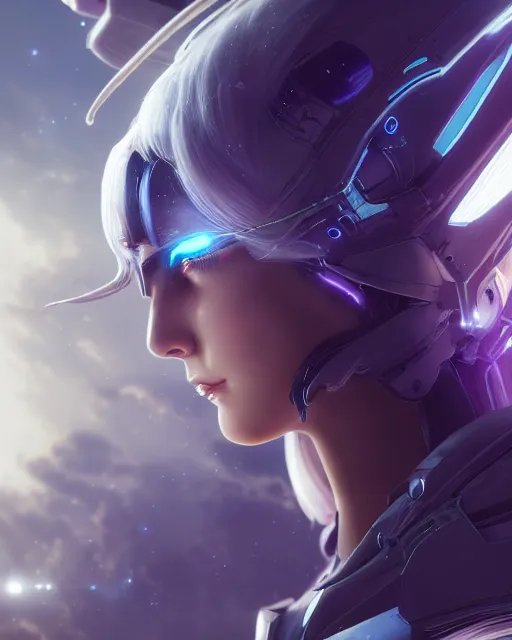 Image similar to perfect android girl on a mothership, warframe armor, beautiful face, scifi, futuristic, galaxy, nebula, raytracing, dreamy, long white hair, blue cyborg eyes, sharp focus, cinematic lighting, highly detailed, artstation, divine, by gauthier leblanc, kazuya takahashi, huifeng huang